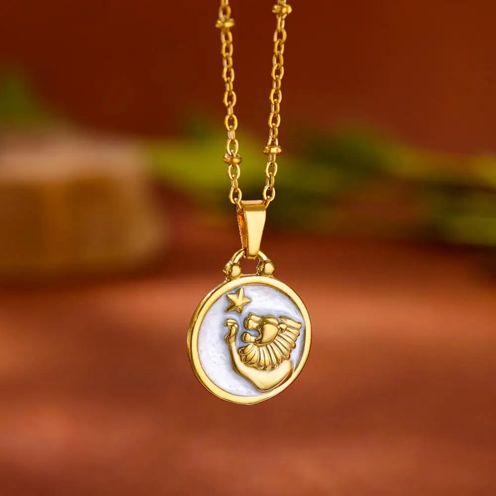 Gold and White Zodiac Sign Pendant Necklace 12 Constellations Leo