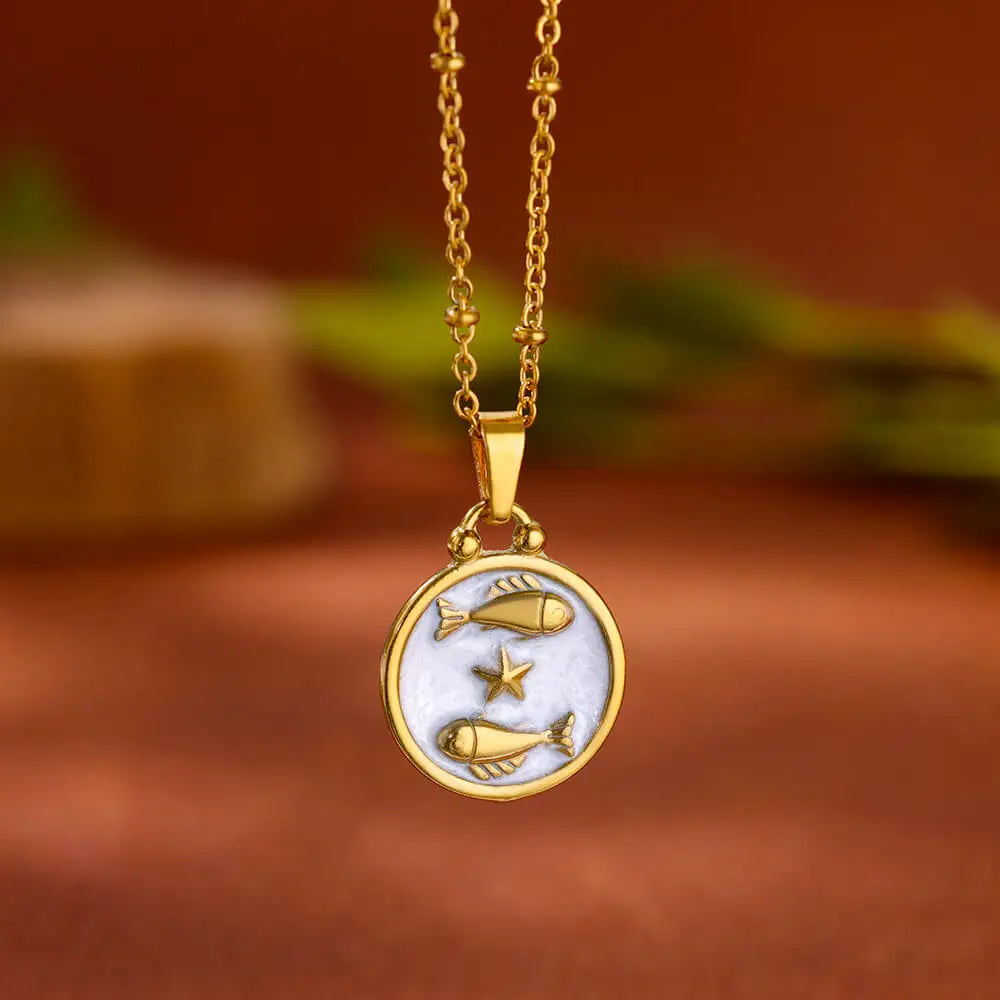 Gold and White Zodiac Sign Pendant Necklace 12 Constellations Pisces