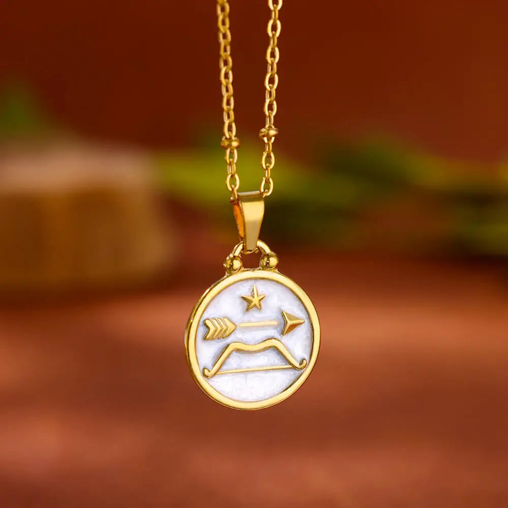 Gold and White Zodiac Sign Pendant Necklace 12 Constellations Sagittarius