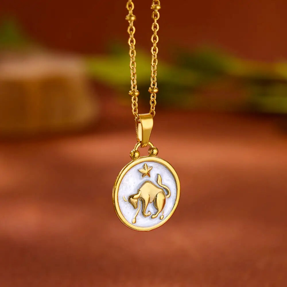 Gold and White Zodiac Sign Pendant Necklace 12 Constellations Taurus