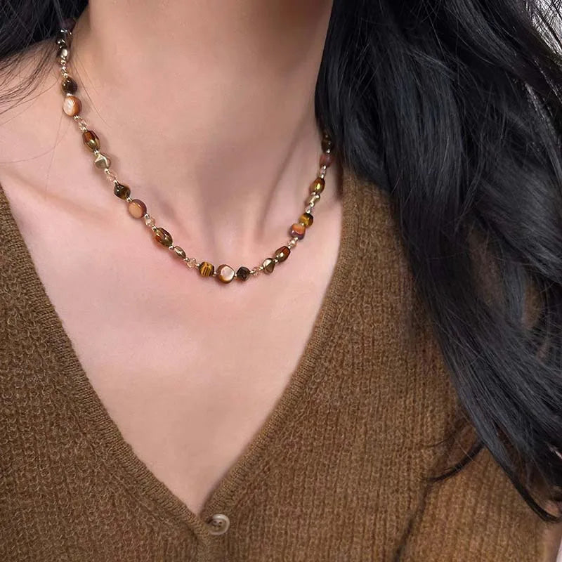 Tigereye Bead Choker Pendant Necklace A