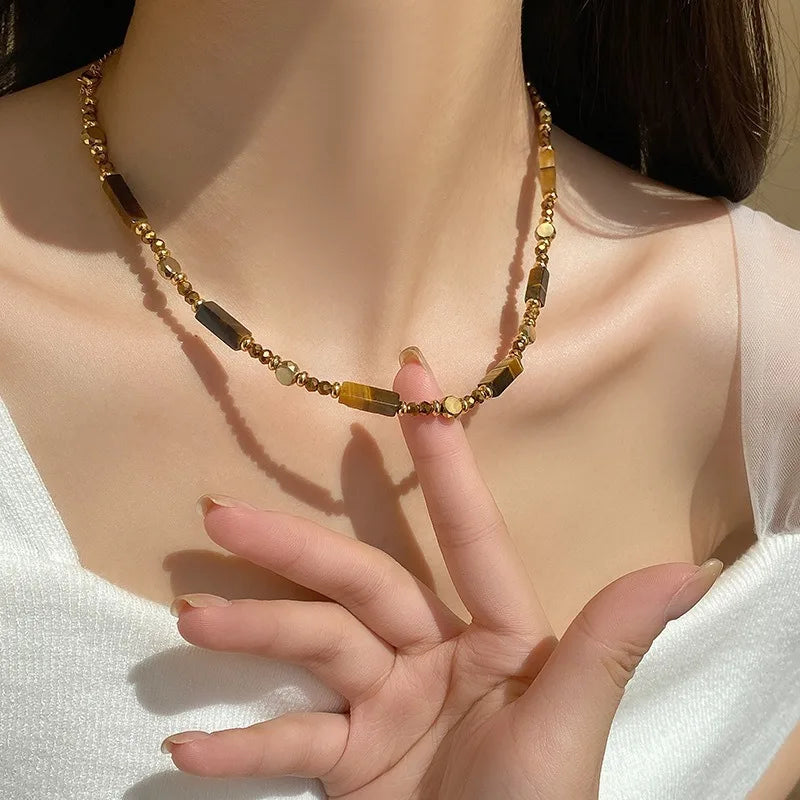 Tigereye Bead Choker Pendant Necklace B