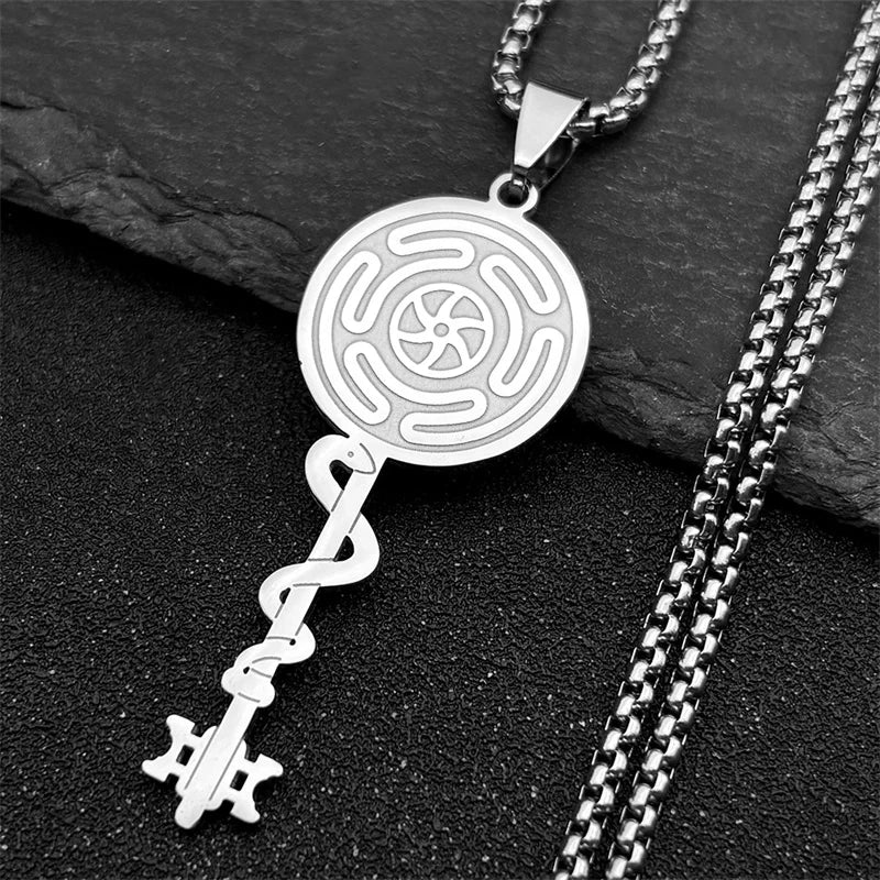 Hecate's Wheel Strophalos Wiccan Sorcery Pendant Necklace silver 50 cm