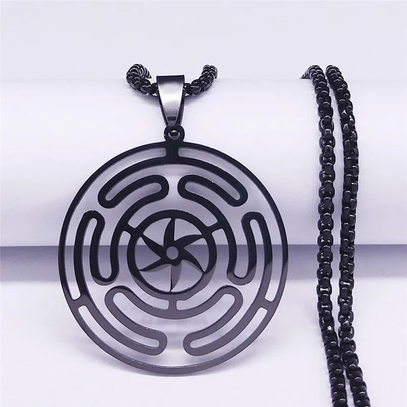 Hecate's Wheel Strophalos Wiccan Sorcery Pendant Necklace black 60 cm