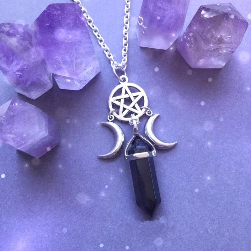 Triple Moon Wiccan Witchcraft Pendant Necklace for Women Black Pentacle