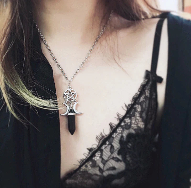 Triple Moon Wiccan Witchcraft Pendant Necklace for Women Black Pentacle