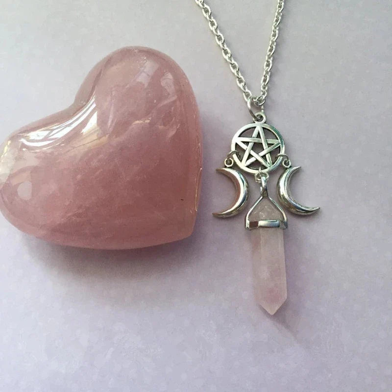 Triple Moon Wiccan Witchcraft Pendant Necklace for Women White Pentacle