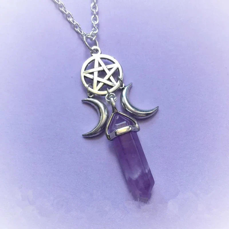Triple Moon Wiccan Witchcraft Pendant Necklace for Women Purple Pentacle