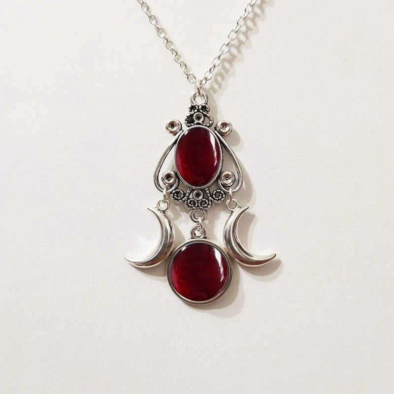 Triple Moon Wiccan Witchcraft Pendant Necklace for Women red
