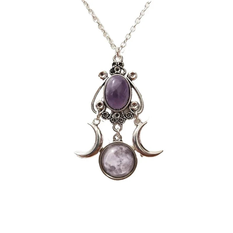 Triple Moon Wiccan Witchcraft Pendant Necklace for Women purple