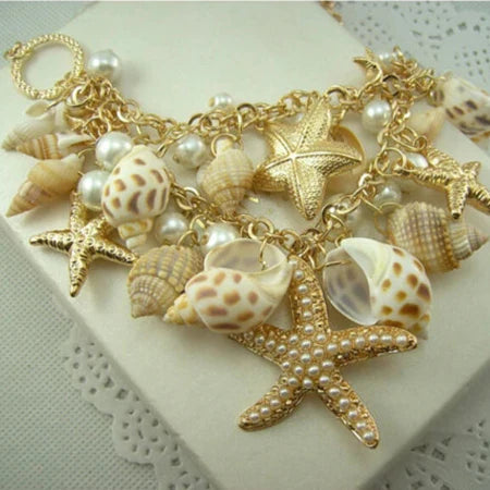 Seashell, Starfish, Conch and Pearl Pendant Necklace