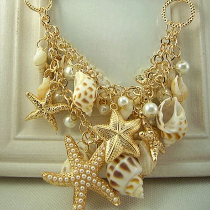 Seashell, Starfish, Conch and Pearl Pendant Necklace