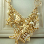 Seashell, Starfish, Conch and Pearl Pendant Necklace