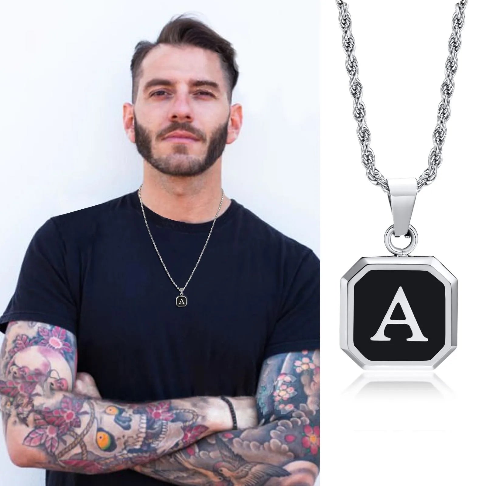 Men's necklace with hexagonal initial pendant