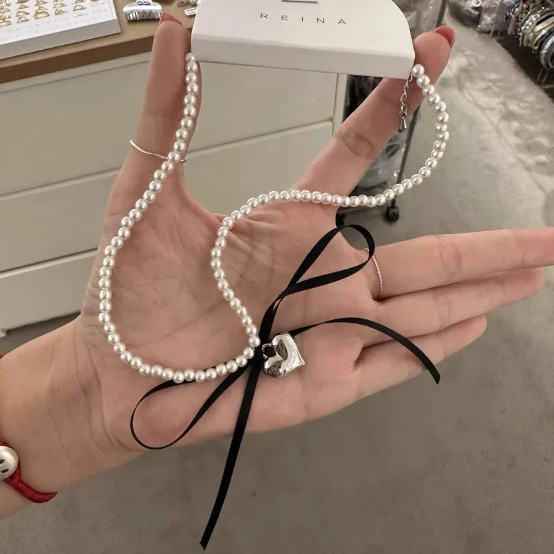 Choker Necklace with Heart Pendant and Black Beads