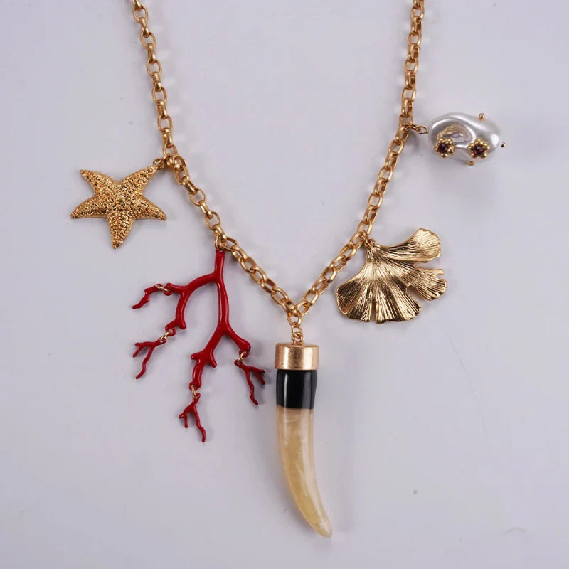 Choker Necklace with Coral and Shell Pendants