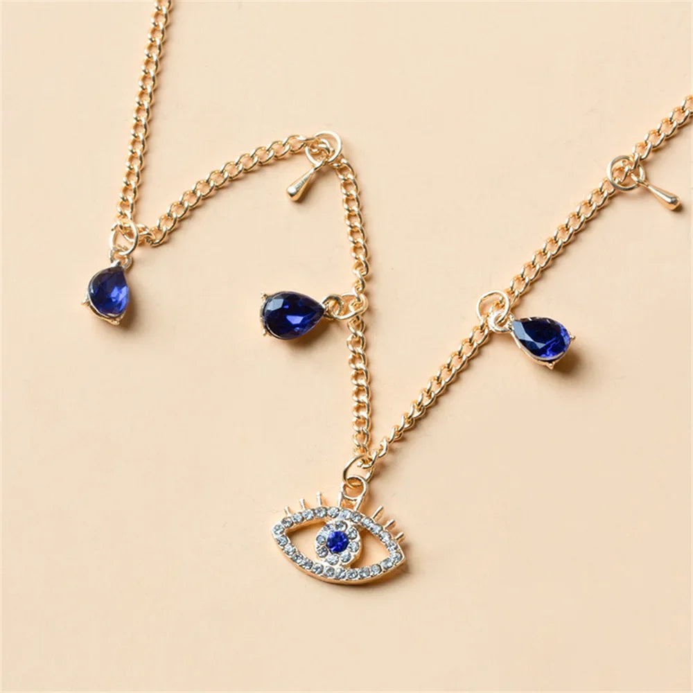 Choker Necklace with Turkish Blue Evil Eye Pendant, Rhinestones and Pearls gold
