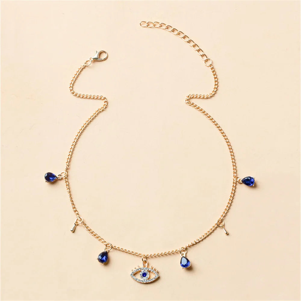 Choker Necklace with Turkish Blue Evil Eye Pendant, Rhinestones and Pearls gold