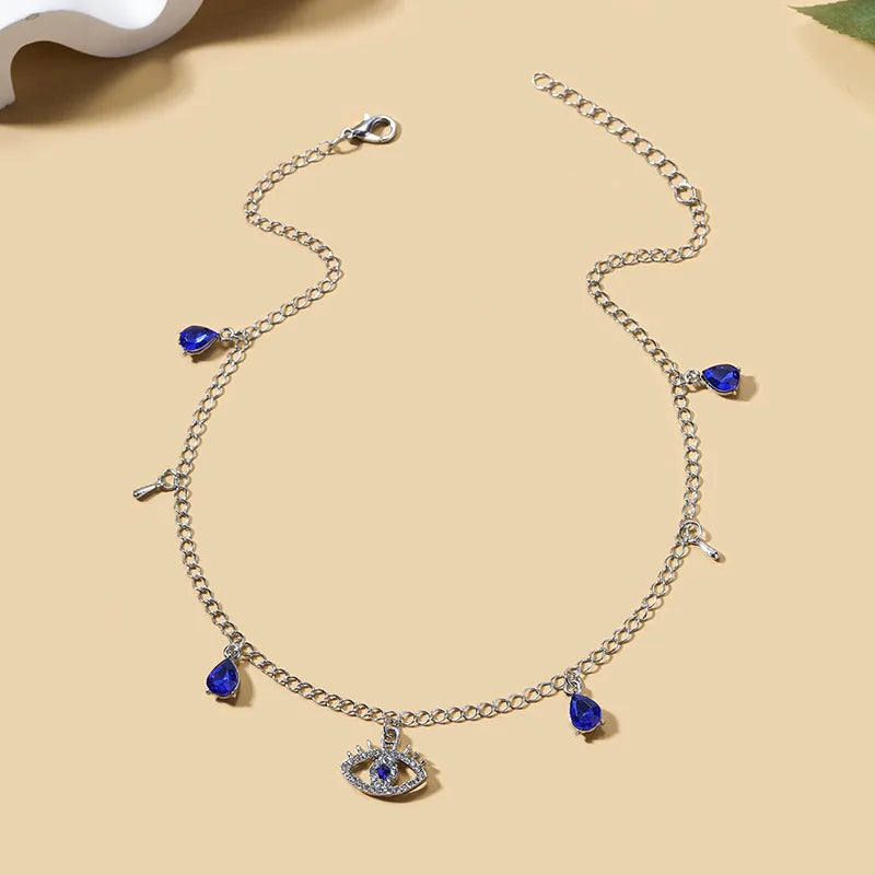 Choker Necklace with Turkish Blue Evil Eye Pendant, Rhinestones and Pearls silver