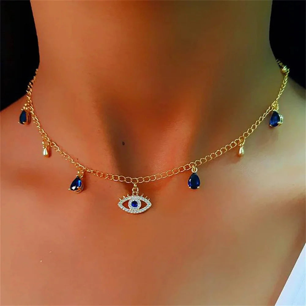 Choker Necklace with Turkish Blue Evil Eye Pendant, Rhinestones and Pearls gold