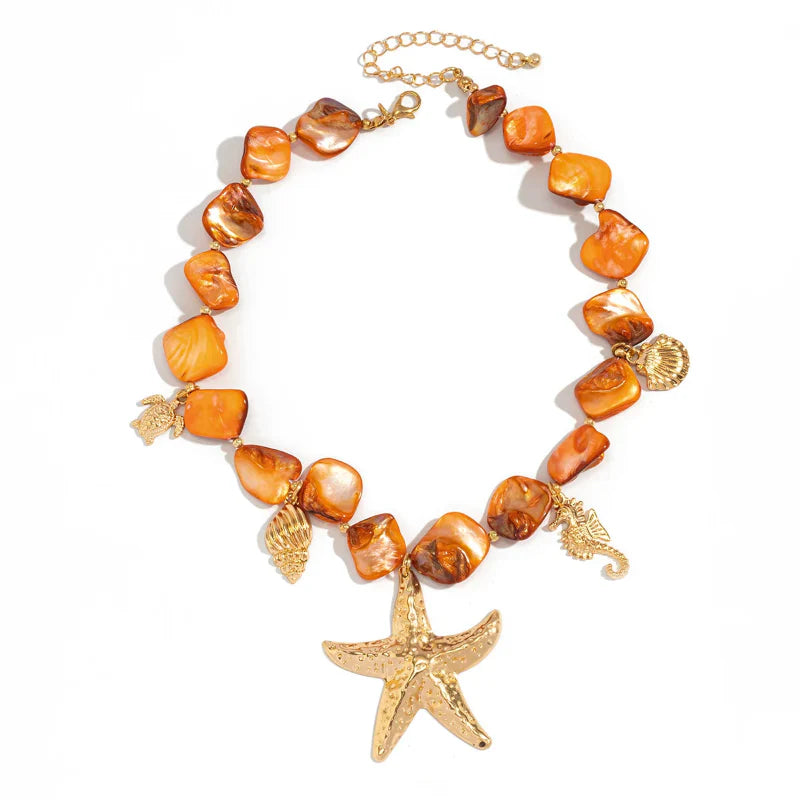 Choker Necklace with Shell and Starfish Pendants orange