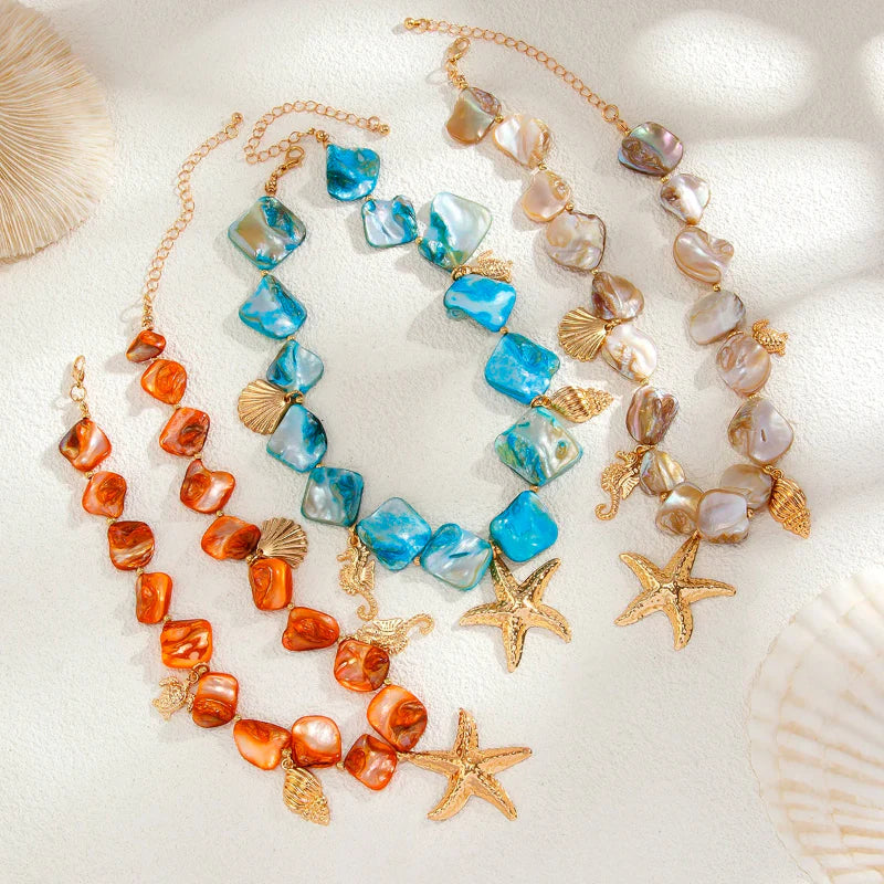 Choker Necklace with Shell and Starfish Pendants blue