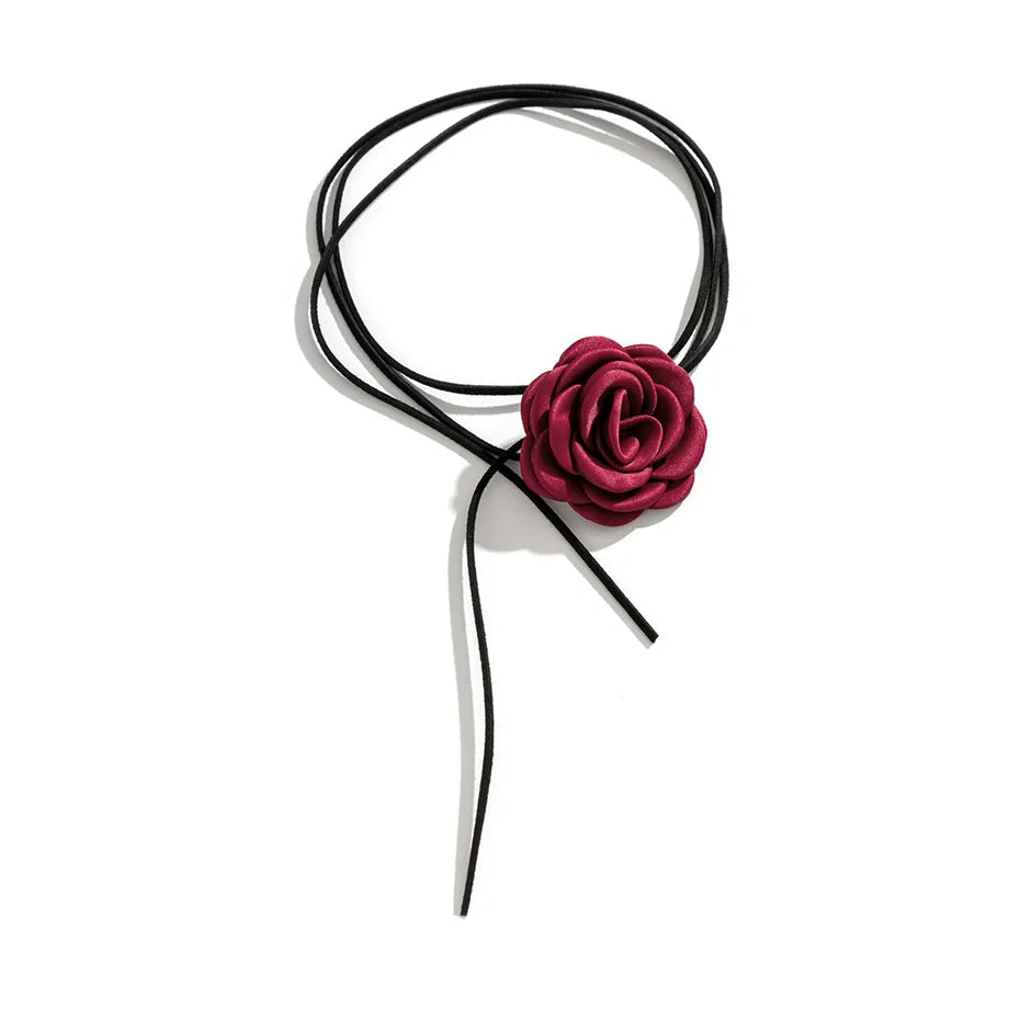 Elegant Choker Necklace Large Rose Flower Pendant burgundy