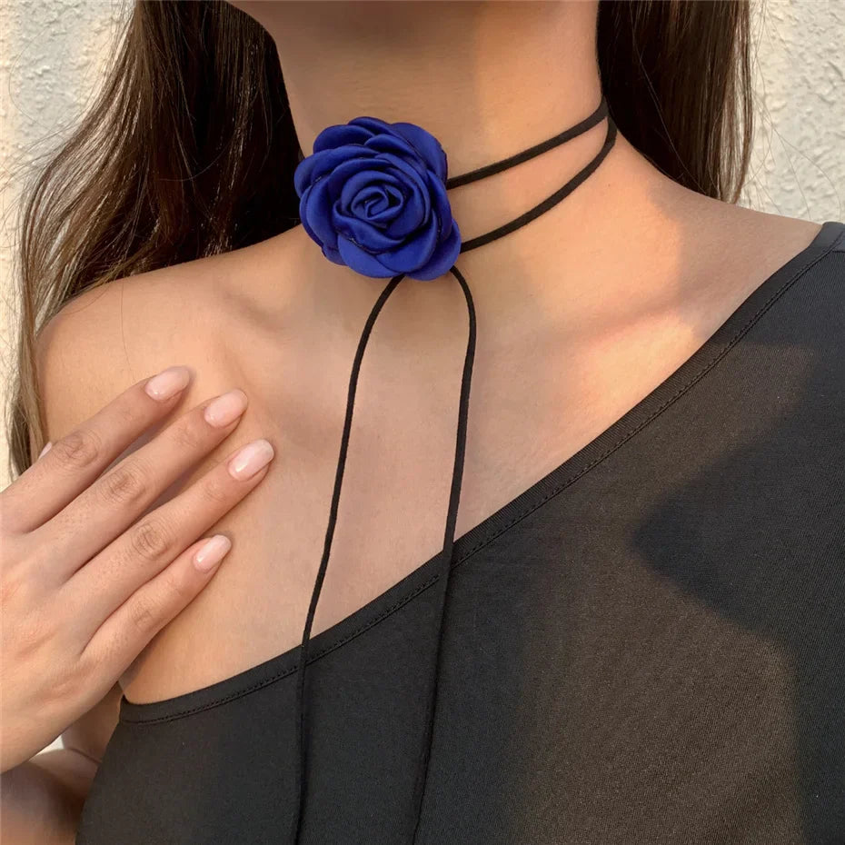 Elegant Choker Necklace Large Rose Flower Pendant blue 1