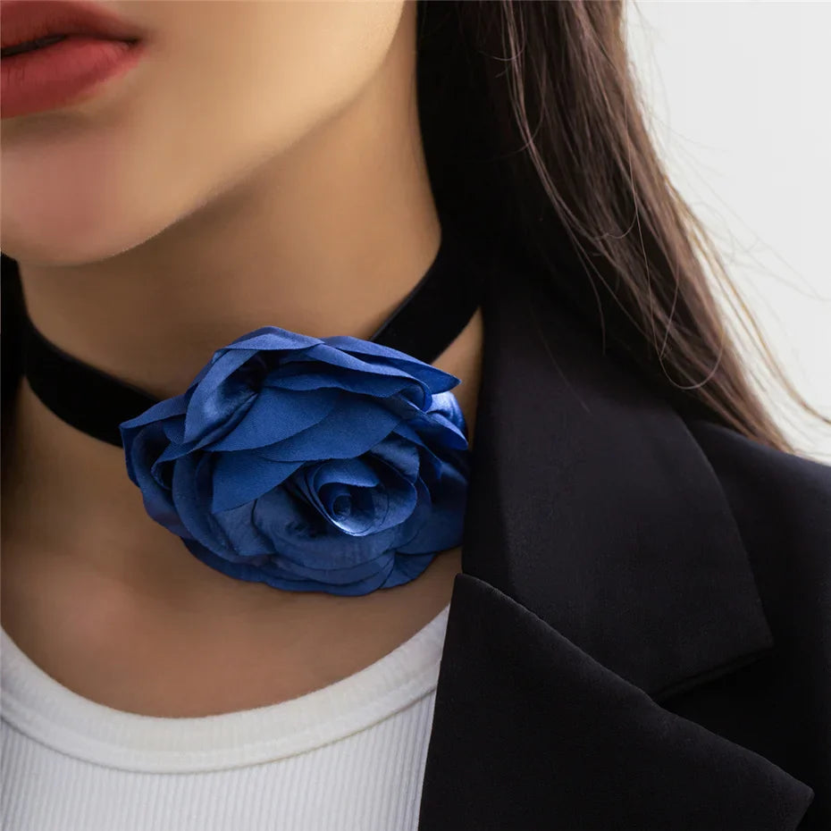 Elegant Choker Necklace Large Rose Flower Pendant blue 2