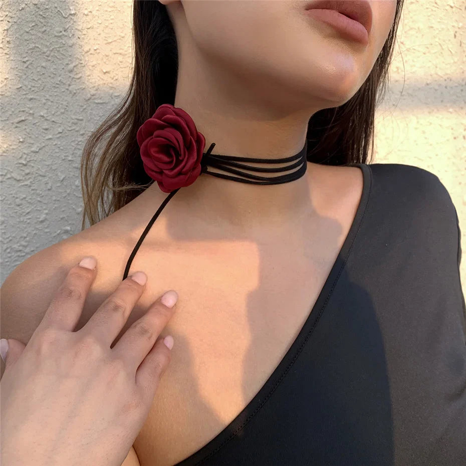 Elegant Choker Necklace Large Rose Flower Pendant burgundy