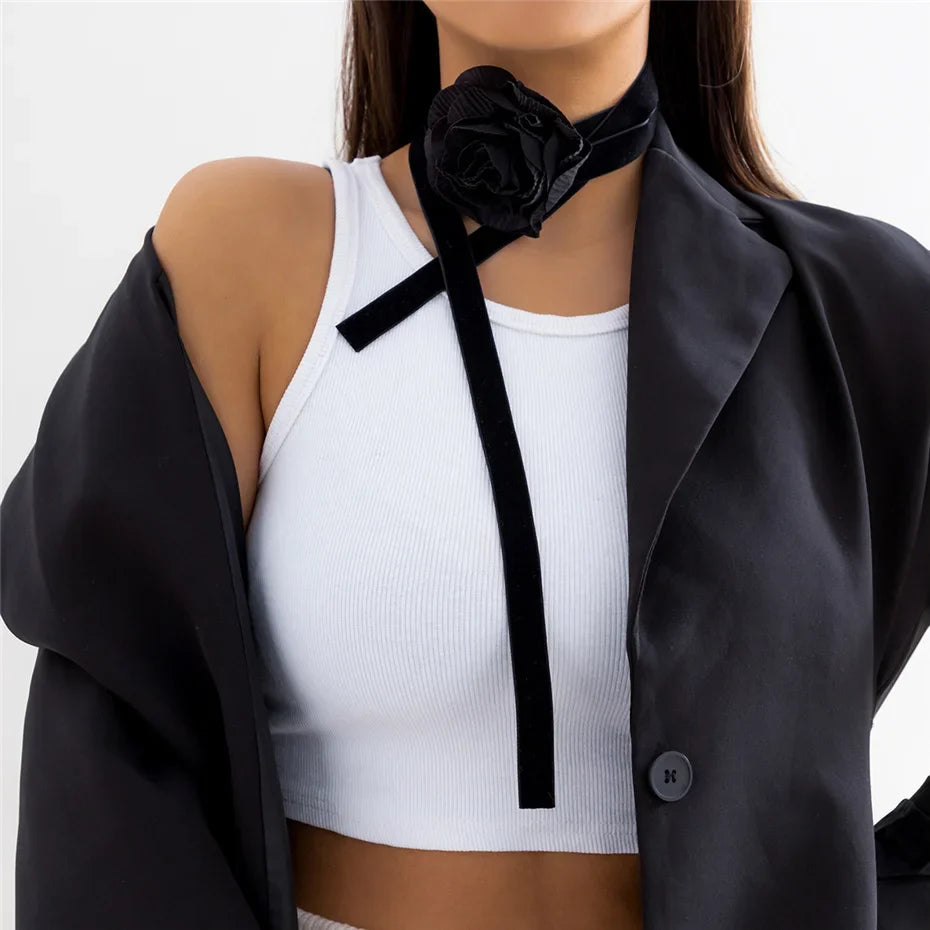 Elegant Choker Necklace Large Rose Flower Pendant black 2