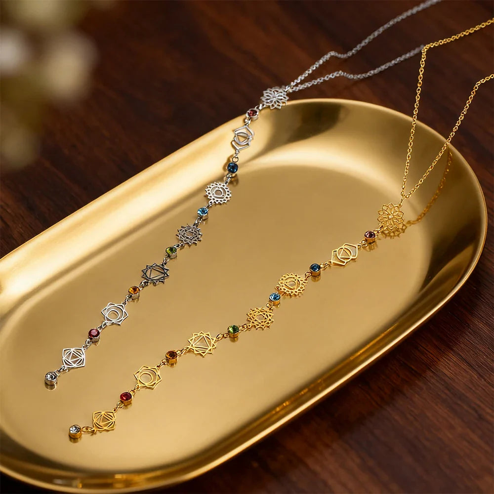 Choker Necklace Pendant with Zircon Stones 7 Chakras gold