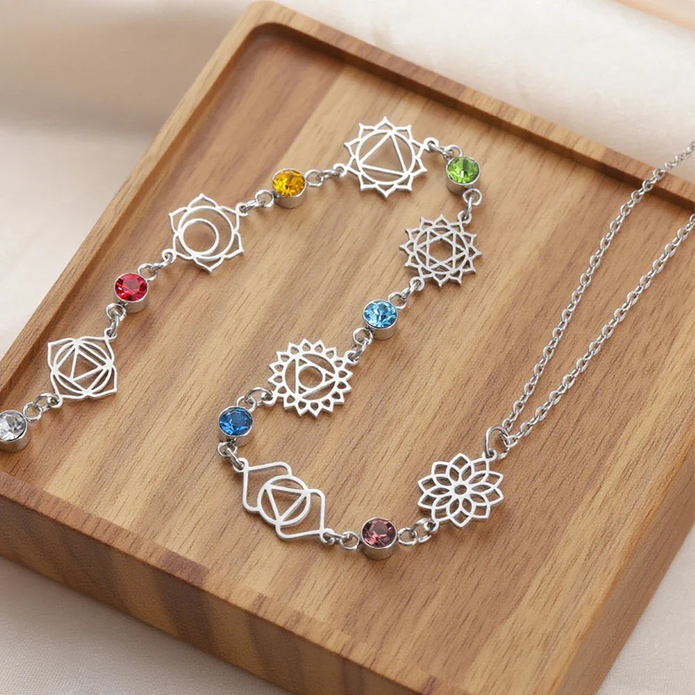 Choker Necklace Pendant with Zircon Stones 7 Chakras silver