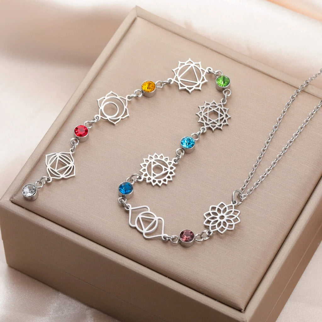Choker Necklace Pendant with Zircon Stones 7 Chakras silver