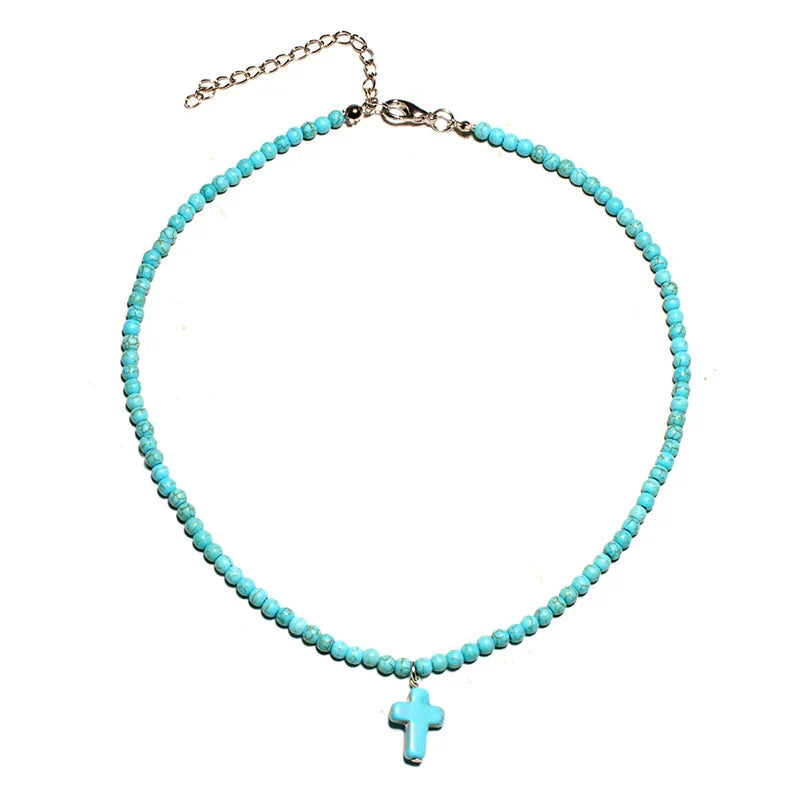 Natural Stone Cross Pendant Choker Necklace for Women blue