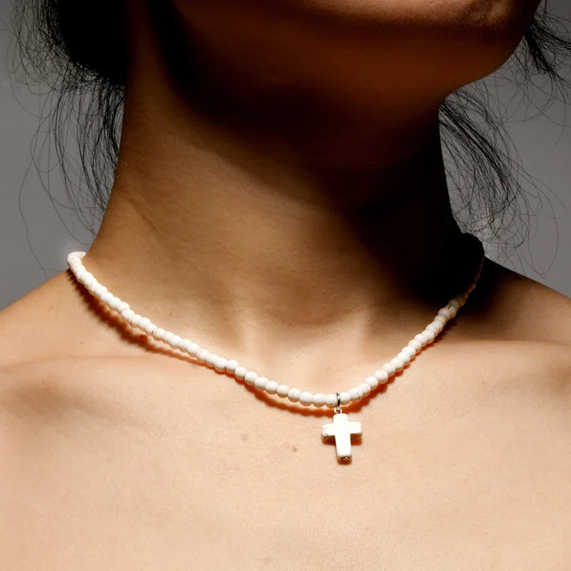 Natural Stone Cross Pendant Choker Necklace for Women white