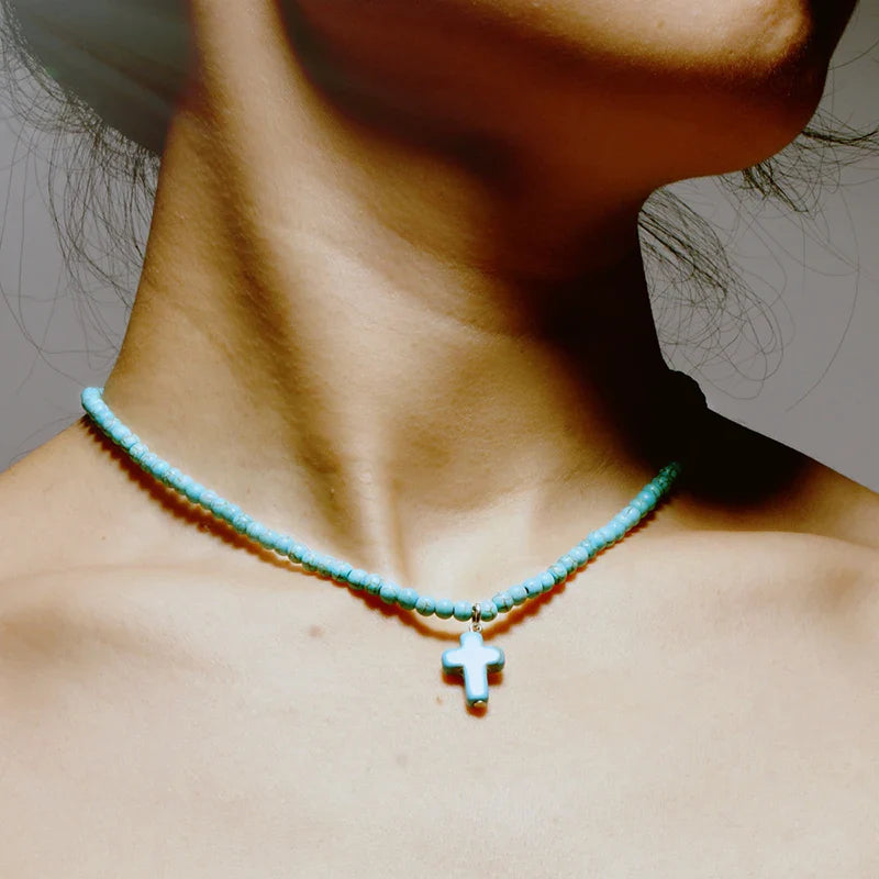 Natural Stone Cross Pendant Choker Necklace for Women blue