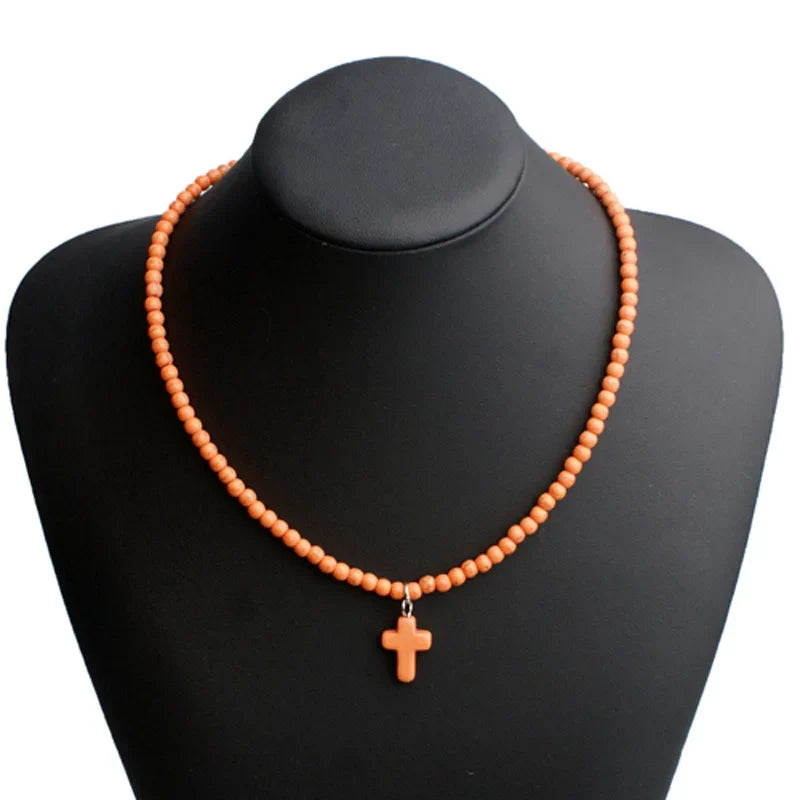 Natural Stone Cross Pendant Choker Necklace for Women orange