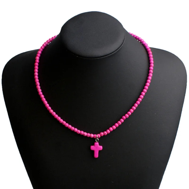 Natural Stone Cross Pendant Choker Necklace for Women pink