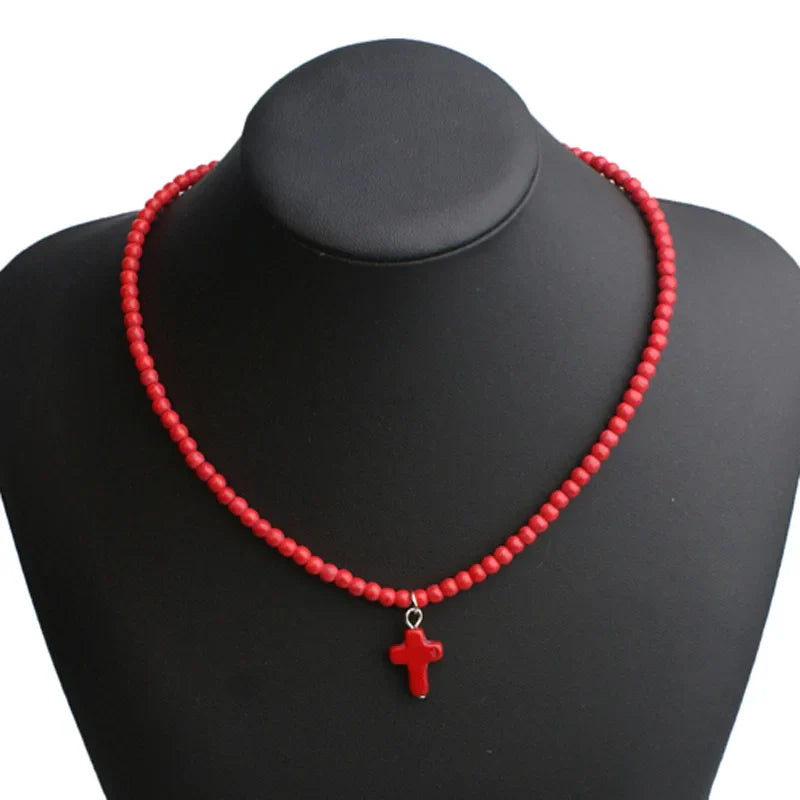 Natural Stone Cross Pendant Choker Necklace for Women red