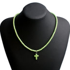 Natural Stone Cross Pendant Choker Necklace for Women green