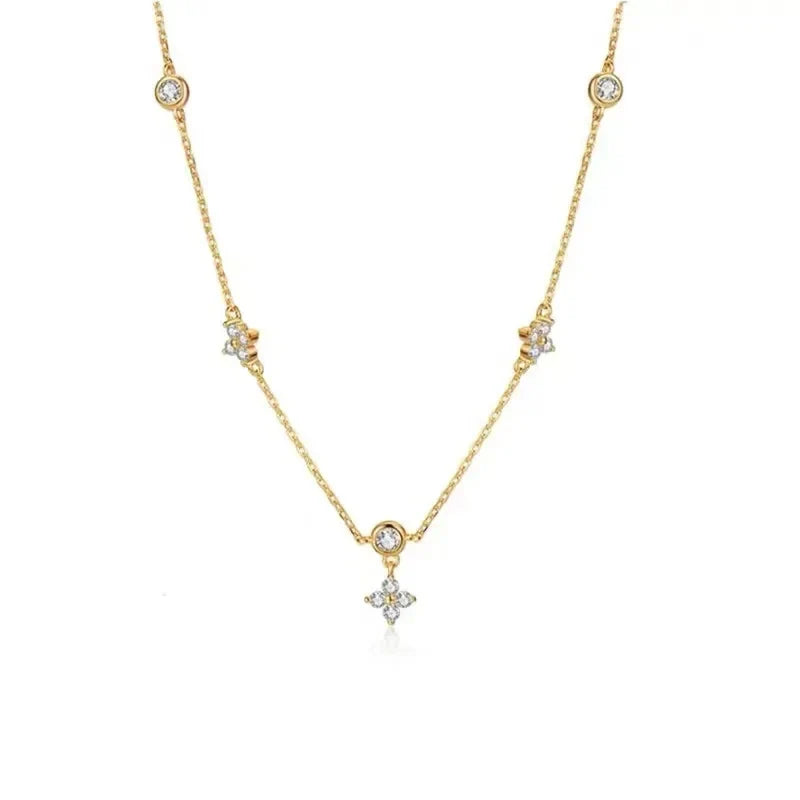 Gold Zircon Flower Pendant Choker Necklace