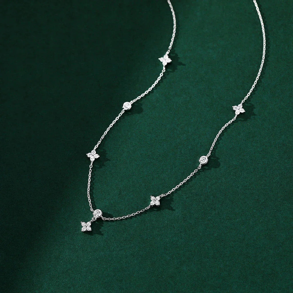 Silver Zircon Flower Pendant Choker Necklace