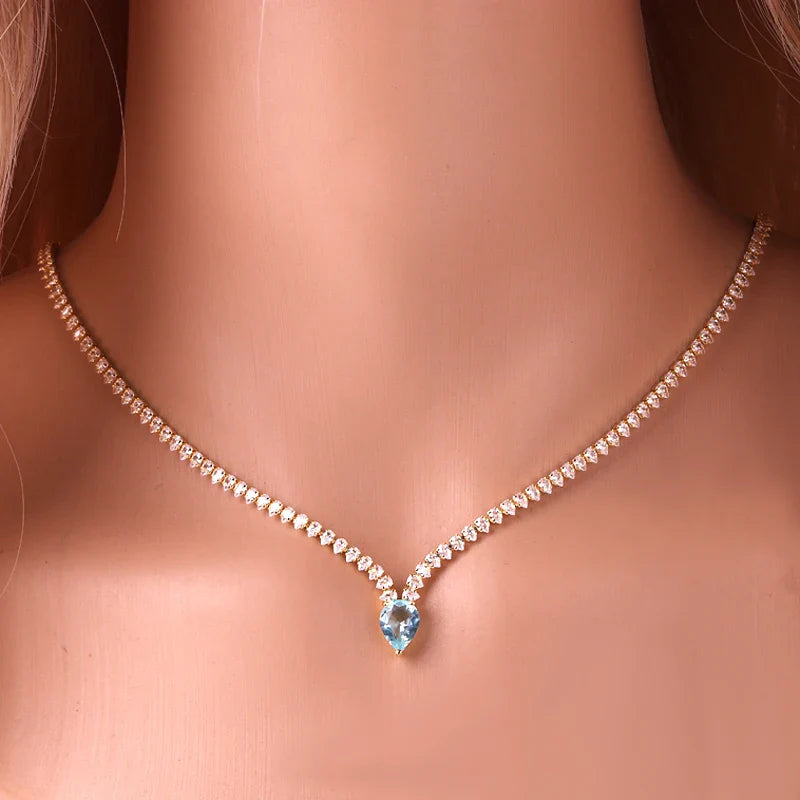 Charming Choker Necklace with Water Drop Pendant and Cubic Zirconia, silver and blue