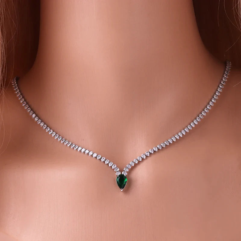 Charming Choker Necklace with Water Drop Pendant and Cubic Zirconia, silver and green