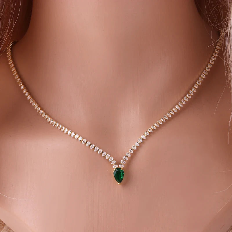 Charming Choker Necklace with Water Drop Pendant and Cubic Zirconia, silver and green