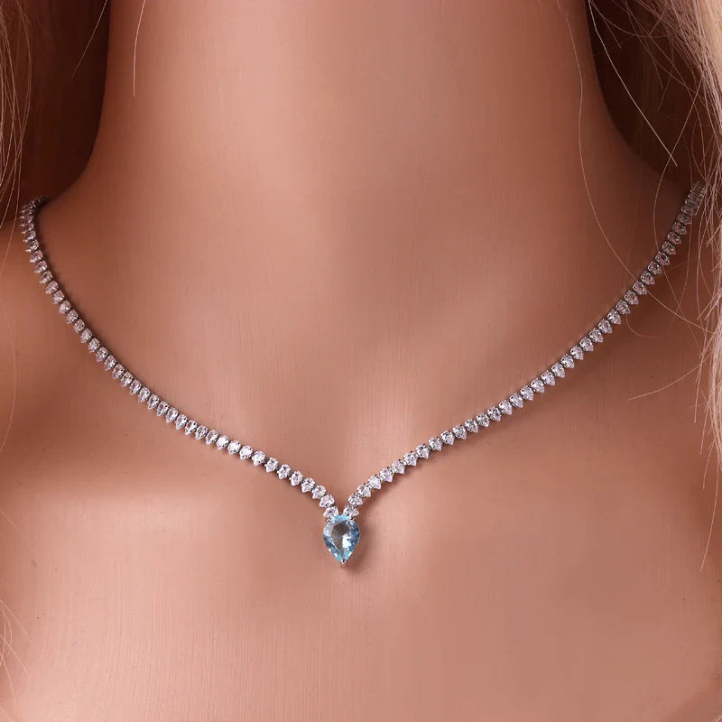 Charming Choker Necklace with Water Drop Pendant and Cubic Zirconia, silver and blue