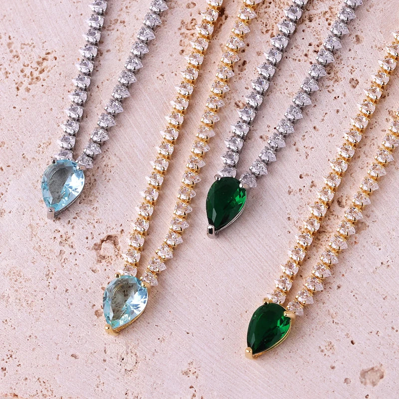 Charming Choker Necklace with Water Drop Pendant and Cubic Zirconia, gold and green