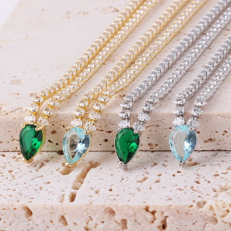 Charming Choker Necklace with Water Drop Pendant and Cubic Zirconia, gold and blue
