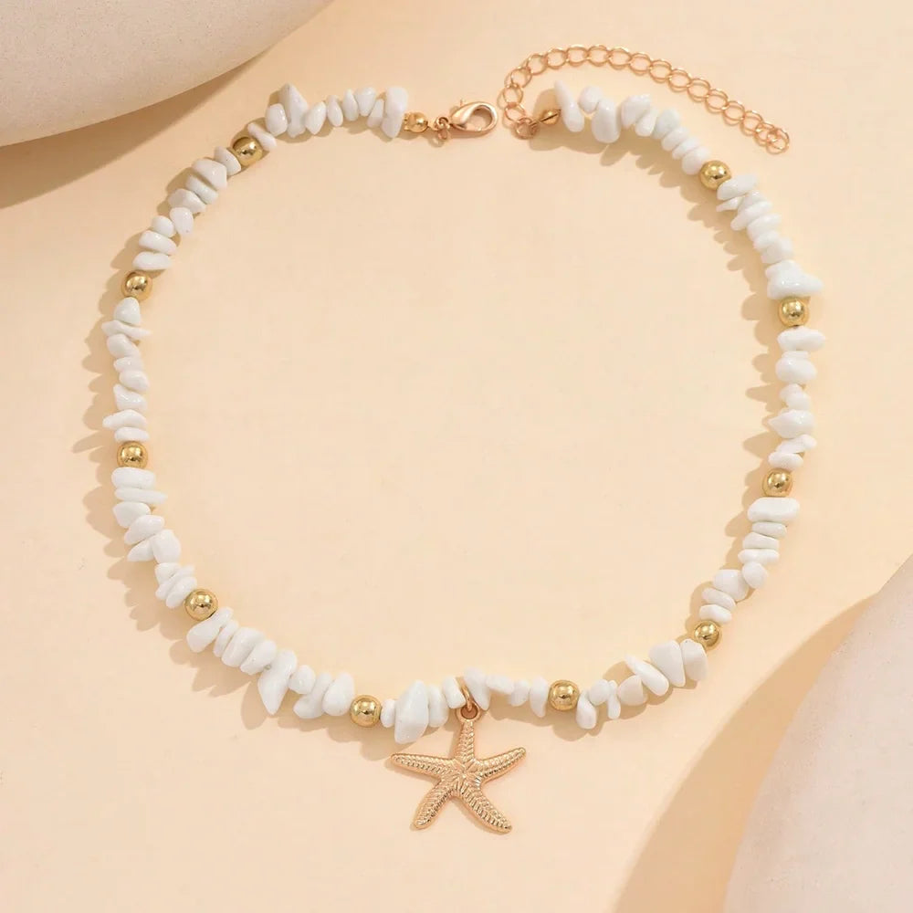 Shell and starfish choker necklace with large white beads